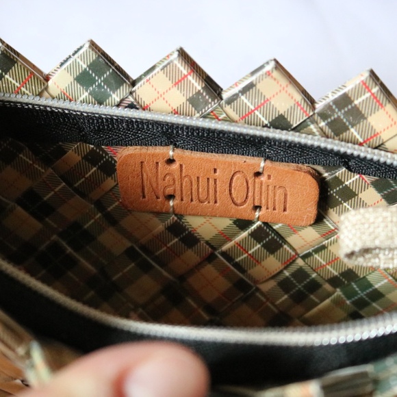 Nahui Ollin Small Plaid Clutch Bag Purse Beige Black Red Recycled Candy Wrapper - Picture 6 of 7